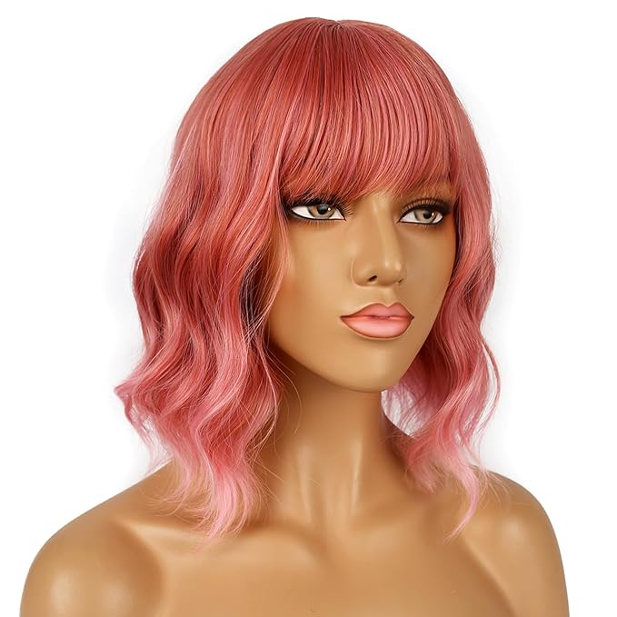 Short Bob Wigs with Bangs for Women Loose Wavy Wig Curly Wavy Shoulder Length Bob Synthetic Cosplay Wig for Girl Colorful Costume Wigs (Dark Pastel Pink)