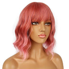 Short Bob Wigs with Bangs for Women Loose Wavy Wig Curly Wavy Shoulder Length Bob Synthetic Cosplay Wig for Girl Colorful Costume Wigs (Dark Pastel Pink)
