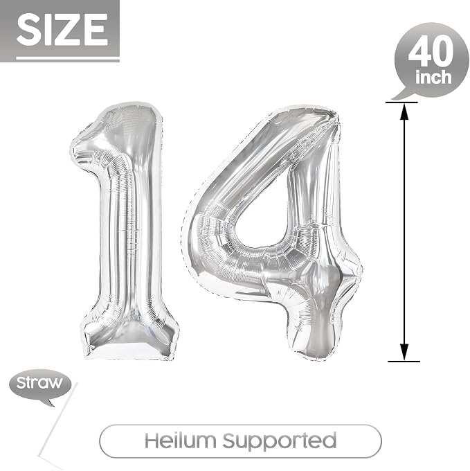 14 Balloon - Silver Birthday Number Balloons, 40 Inch Decorations Men Women | - Image 5