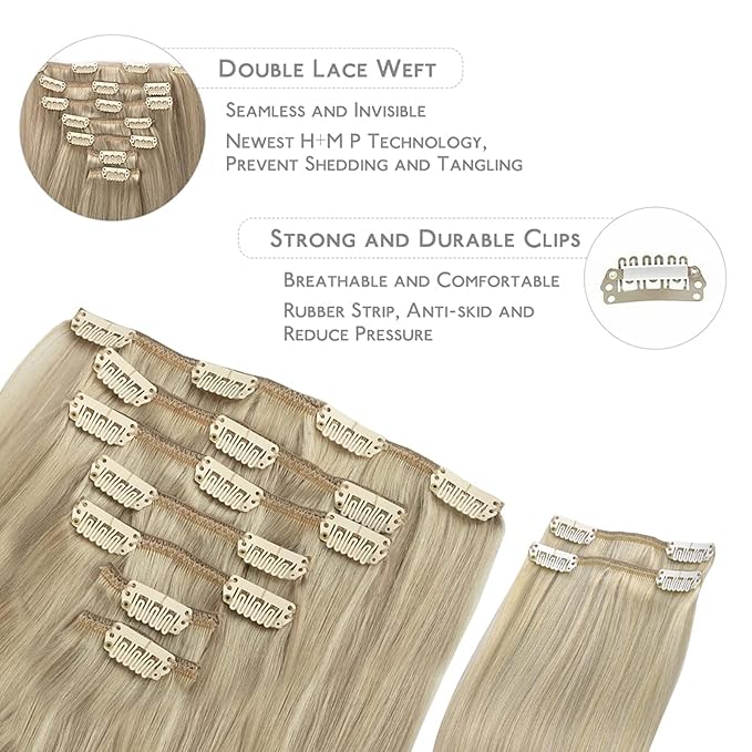 WENNALIFE Clip in Hair Extensions, 150g 16 Inch 9pcs Ash Blonde to Golden Blonde and Platinum Blonde Human Hair Extensions Thicker Clip in Hair Extensions Real Human Hair Clip Set Double Weft