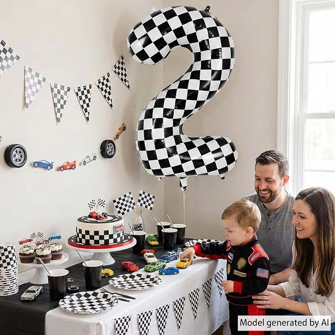 40 Inch Checkered Number 2 Balloon, Large Black and White Foil Number Balloon - Image 3