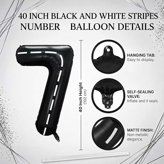 Black and White Stripes Number 17 Balloon 40 Inch, Road Style Numeral | Chic - Image 4