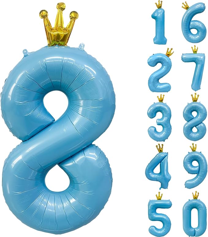 Blue Number 8 Balloon with Crown, 40 inch Blue Number Balloon 8th Birthday by Yeodong