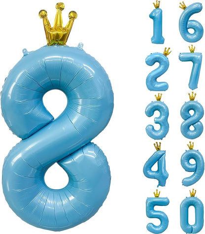 Blue Number 8 Balloon with Crown, 40 inch Blue Number Balloon 8th Birthday by Yeodong