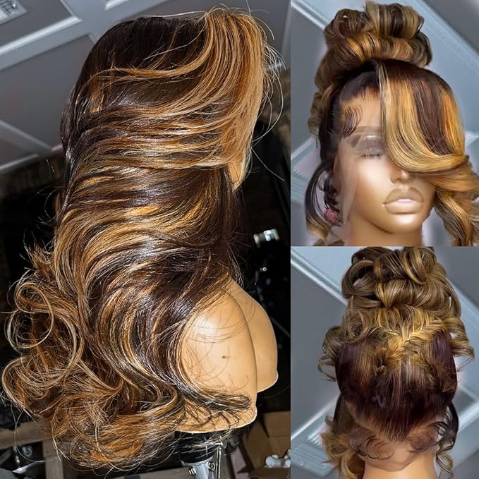 AMIRTY 250 Density 34 Inch 360 Lace Front Wigs Human Hair Honey Blonde Body Wave Lace Front Wigs Full 360 Glueless HD Transparent Lace Front Wigs for women 4/27