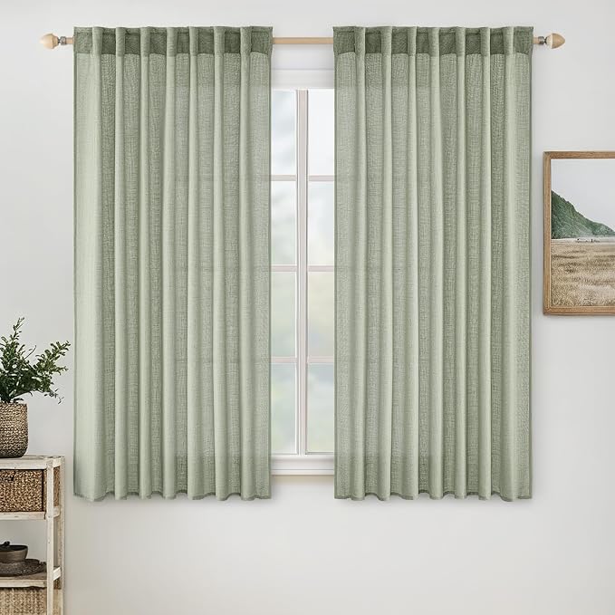 MIULEE Sage Linen Curtains 52x54 Inch Long 2 Panels of Green Window Drapes | by MIULEE