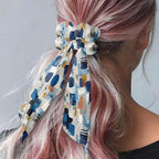 Abstract Art Hair Scarf Scrunchies for Women Pack of 2 Geometry Elastic Hair Band with Ribbon Soft Knotted Scrunchy Fashion Accessories