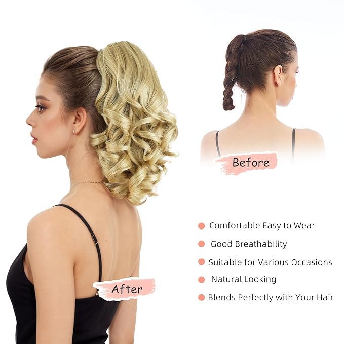 Ponytail Extension, Clip on Ponytails for Women, 12" Claw Clip in Short Curly Wavy Pony Hair Extension for Women - Light Golden Brown