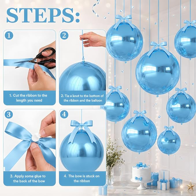 Blue Round Foil Balloons with Satin Bows Ribbon - Image 8