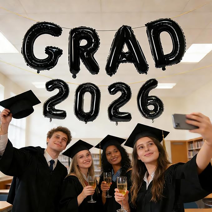 Black GRAD 2026 Banner Balloons, 16 Inch Mylar Foil letter Graduation Balloons - Image 3