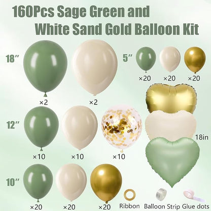 160Pcs Sage Green Gold Balloon Garland Arch Kit, Olive Green White Sand Gold - Image 2