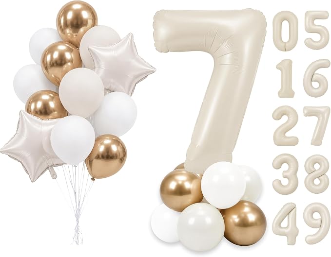 PartyWoo Beige Number 7 Balloon 40 Inch 25pcs White Sand Foil Star Gold | Foil by PartyWoo