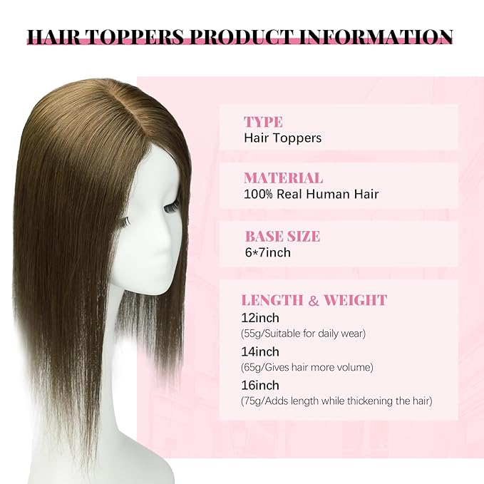 Hair Toppers for Women Real Human Hair 6x7inch 55g Large Base Chocolate Brown 12inch Hair Pieces for Women with Thinning 360°Cover Clip In Extensions Topper Add Volume (#4Toppers-12inch)