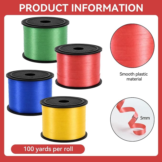 TONIFUL Red Green Yellow Blue Curling Ribbon Balloon String Gift Wrapping | 400 - Image 2
