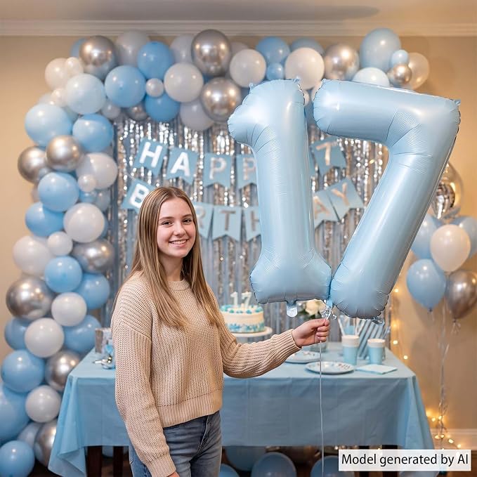 Baby Blue Number 17 Balloon 40 Inch, Foil Pastel Numeral Party Supplies | - Image 2