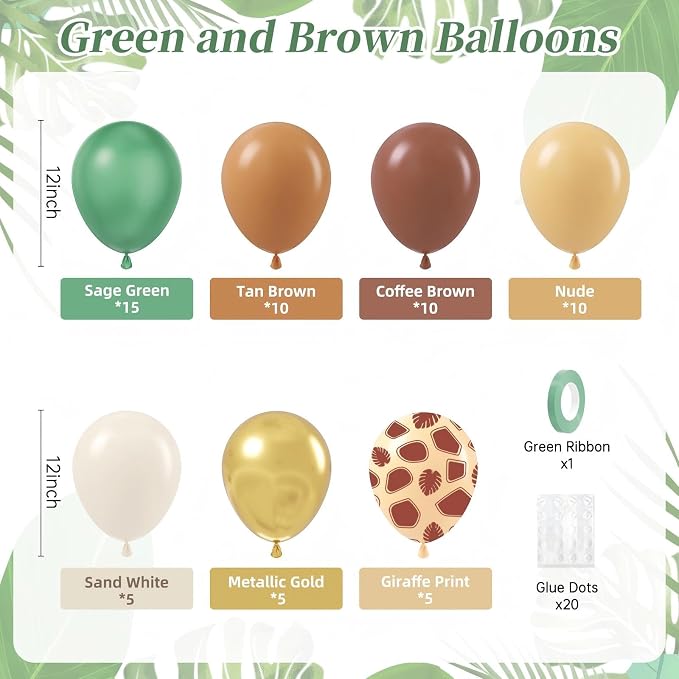 60pcs Safari Balloons, Sage Green Coffee Brown Light Brown Nude Sand White - Image 2