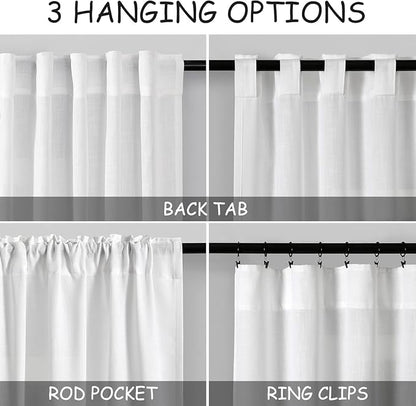 Linen White Curtains 120 Inches Long 2 Panels Set Back Tab Rod Pocket Semi - Image 3