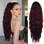 LEEONS 26 inch Drawstring ponytail Extension, Long Wavy pony tails hair extensions for Women - Synthetic Hairpiece Ponytail for Daily Use (Omber Black to Wine Red)