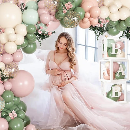 153Pcs Pink and Sage Green Balloon Baby Shower Decorations - Image 5