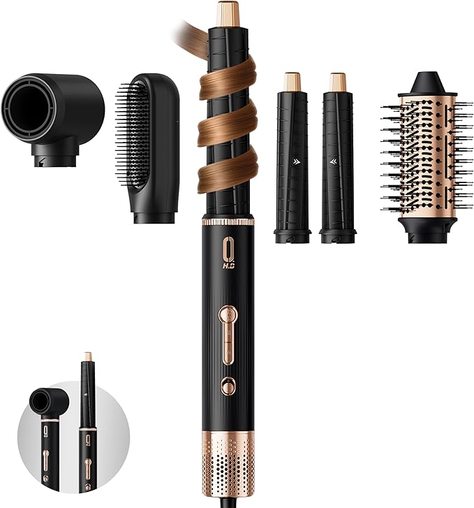 O.H.B 5 in 1 Hot Air Hair Styler, 110,000 RPM High Speed Hair Dryer Brush, Ionic Air Styler Wrap with Fast Drying, No Heat Damage Air Multi Styler for Volumize, Curl, Straighten for Travel, Black Gold
