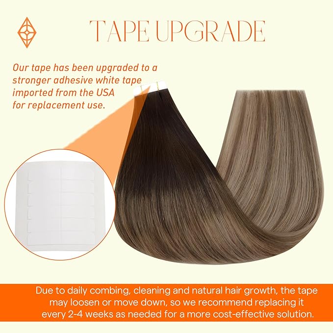 Full Shine Tape in Hair Extensions Human Hair 14Inch Color 2 Fading to 6 and 18 Ash Blonde Hair Extensions Tape in Highlighted Tape in Extensions Straight Seamless Tape Extensions 20Pcs 50G