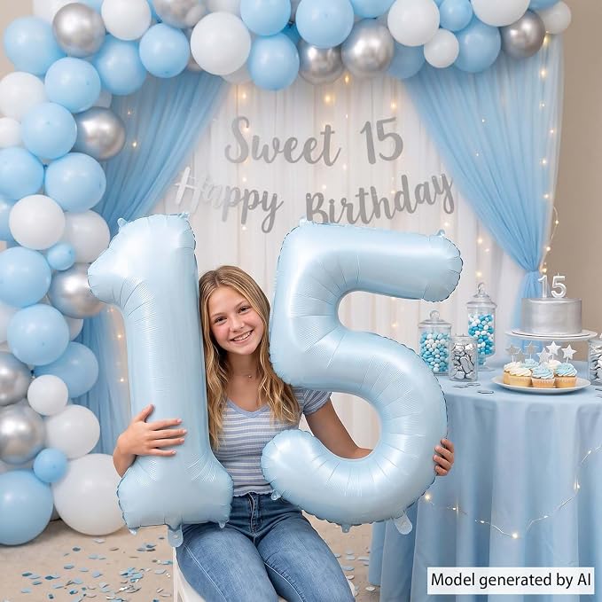Baby Blue Number 15 Balloon 40 Inch, Foil Sky Pastel Digits Party Supplies | - Image 2