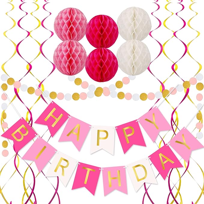 Pink Birthday Decorations with Happy Birthday Banner, Paper Honeycomb Balls by ALLFUN