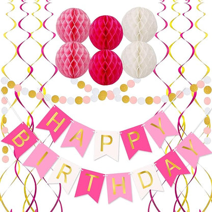 Pink Birthday Decorations with Happy Birthday Banner, Paper Honeycomb Balls by ALLFUN