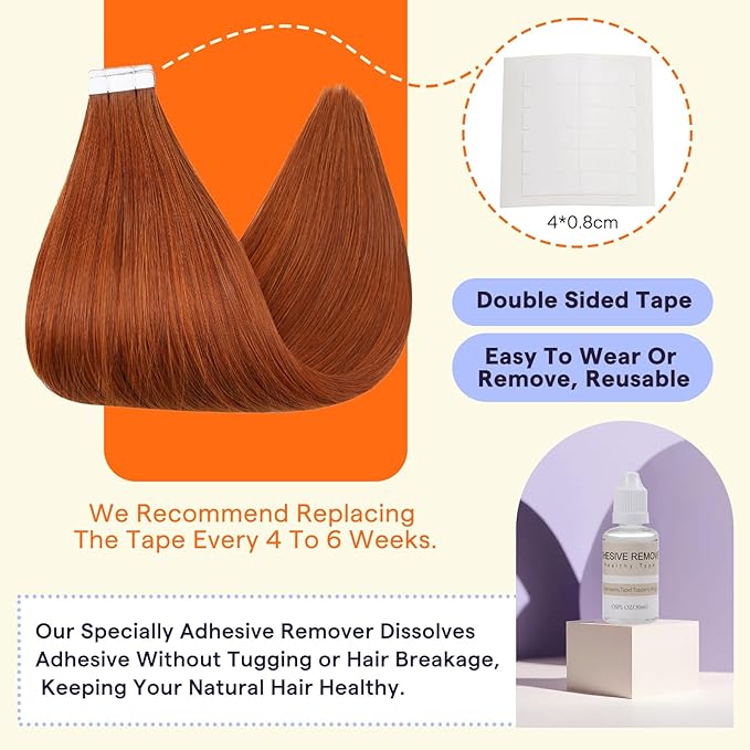 Full Shine Hair Extensions Real Human Hair Tape in Color 550 Copper 22 Inch Invisible Double Sided Tape in Hair Extensions 50Grams Remy Seamless Skin Weft Straight Extensions 20PCS Add Length
