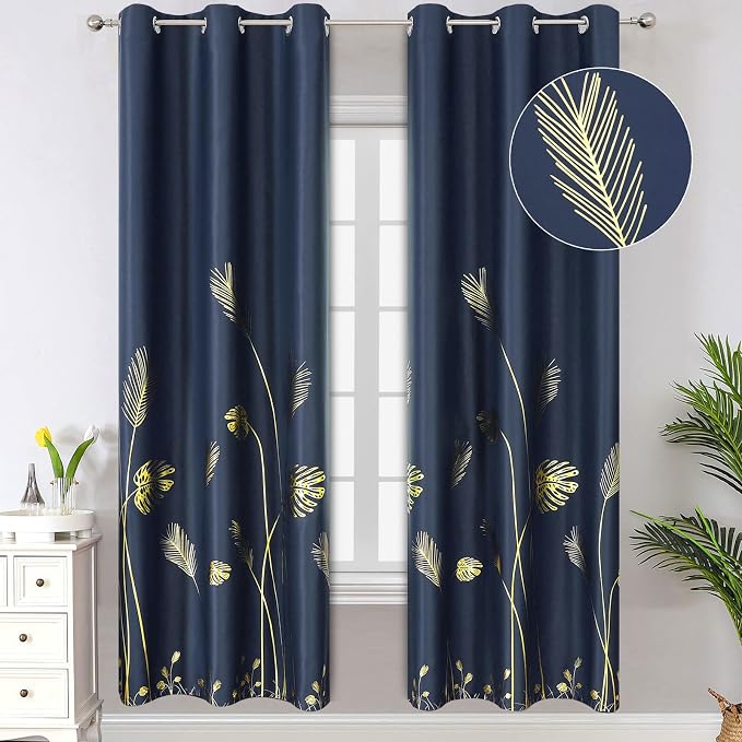 Blackout Curtains with Gold Palm Tree Wheat Pattern Thermal Insulated Elegant by ESTELARTEXTILER