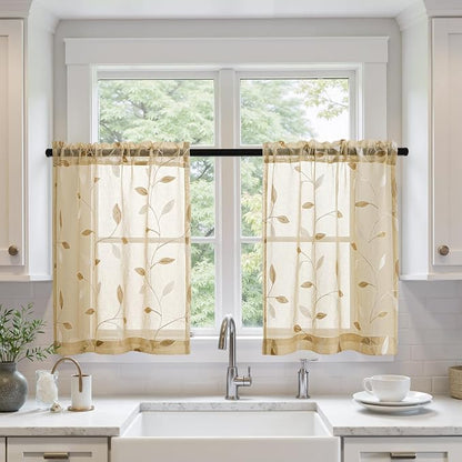 MIULEE Beige Sheer Curtains 2 Panels Leaf Patterned, W30 x L30 | Embroidered by MIULEE