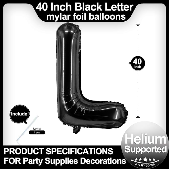 40 Inch Black Letter L Balloons, DIY Phrase Foil Alphabet Letter L Balloons DIY - Image 2