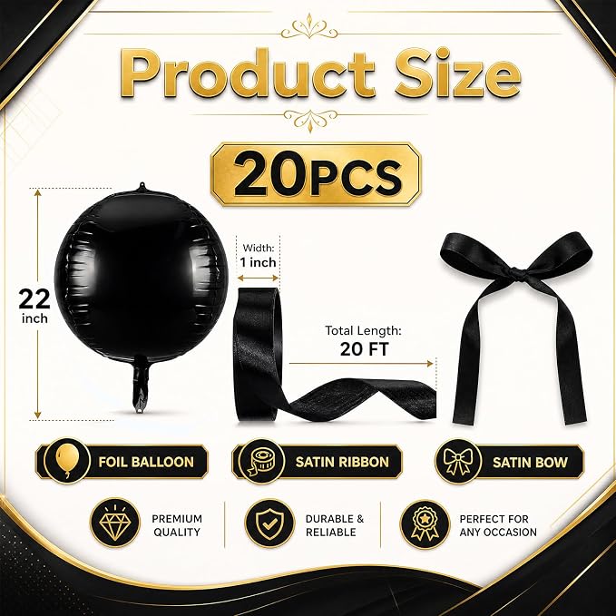20 Pcs Metallic Black Foil Balloons Giant 22 Inch 4d Round Metallic Balloons - Image 2