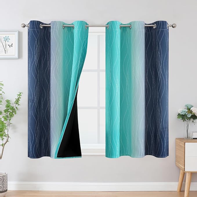 Navy Blue and Teal Ombre Blackout Curtains 45 Inch Length 2 Panels, Full Room by ESTELARTEXTILER