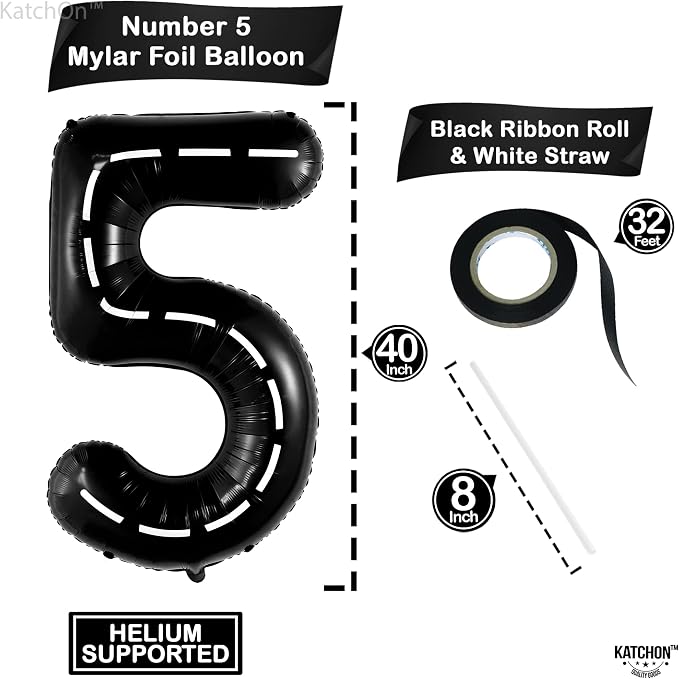 KatchOn, Number 5 Race Car Black Balloon - Image 2