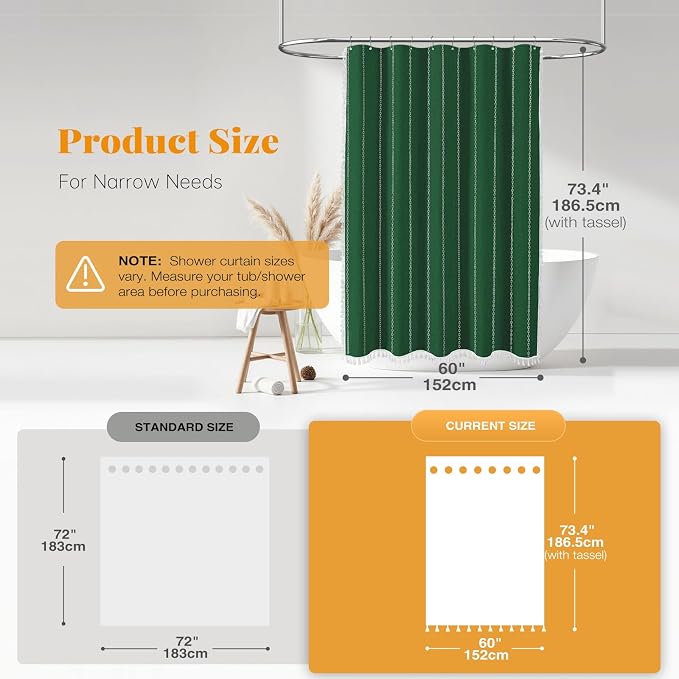 60x72 Boho Farmhouse Linen Heavy Duty Shower Curtain, Emerald Green | Narrow - Image 3