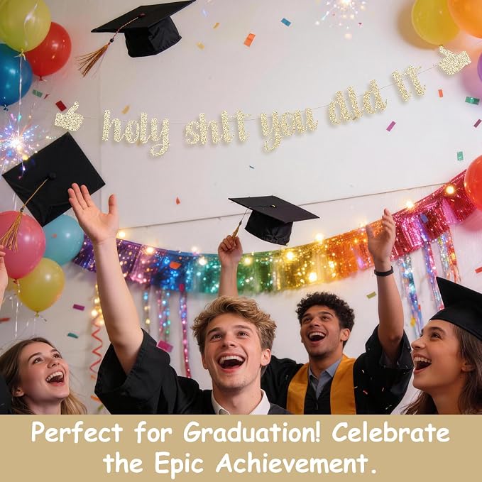 Funny Grad Banner Holy Shit You Did It Banner – Pre-Strung Glitter Graduation - Image 5