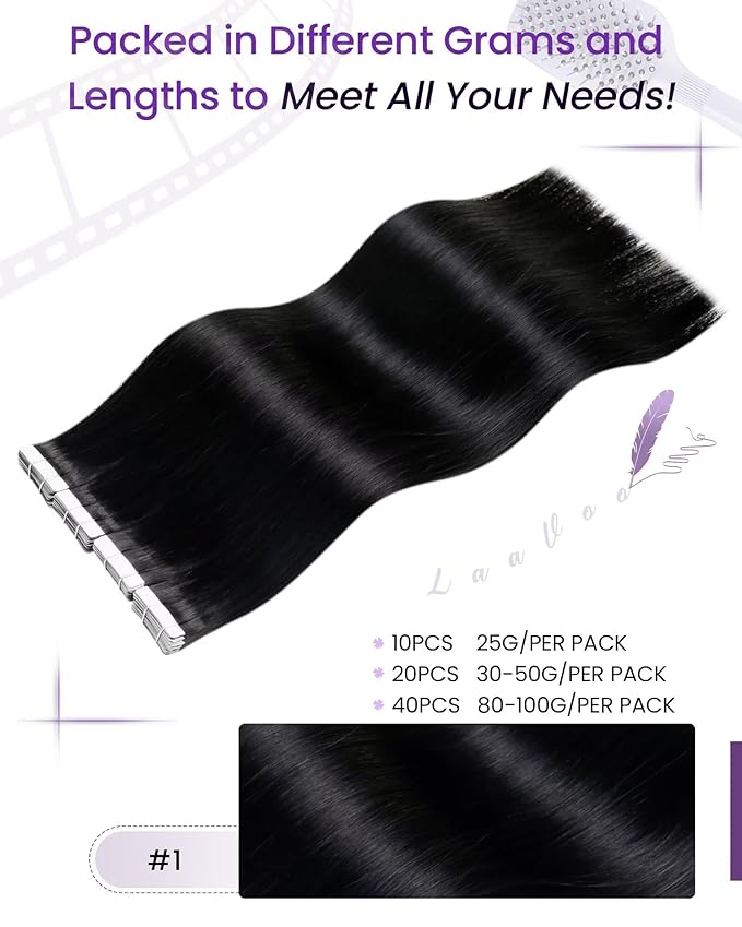 LaaVoo Hair Extensions Tape in Black Tape in Extensions Human Hair Tape on Hair Extensions Real Silky Soft Hair 18inch 40 Pieces 100g