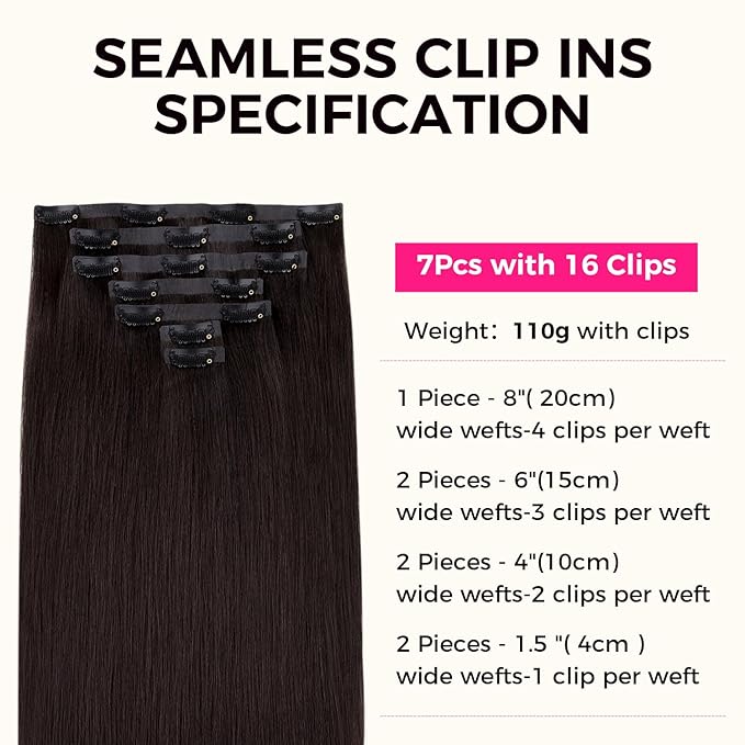 Lashey Seamless Clip in Hair Extensions Human Hair #2 Dark Brown Light Yaki Straight Clip in Extensions Real Human Hair 7pcs 110g 20 Inch PU Weft Natural Hair Extensions for Women