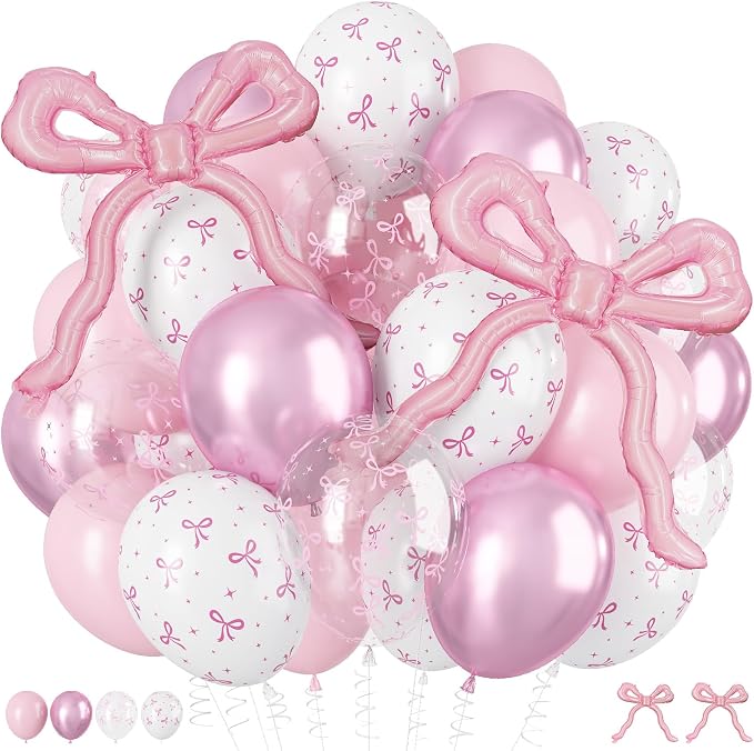 Pink Bow Balloons, 12Inch Pastel Light Pink and Bow Print Balloon by Froova
