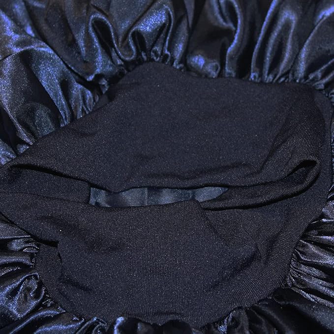 VEYRNEIC Hair Satin Bonnet for Sleeping Shower Caps Silk Chemo Caps with Wide Elastic Band Night Sleep Cap Bonnets for Black Women Braids with Satin Storage Bag(Navy Blue)