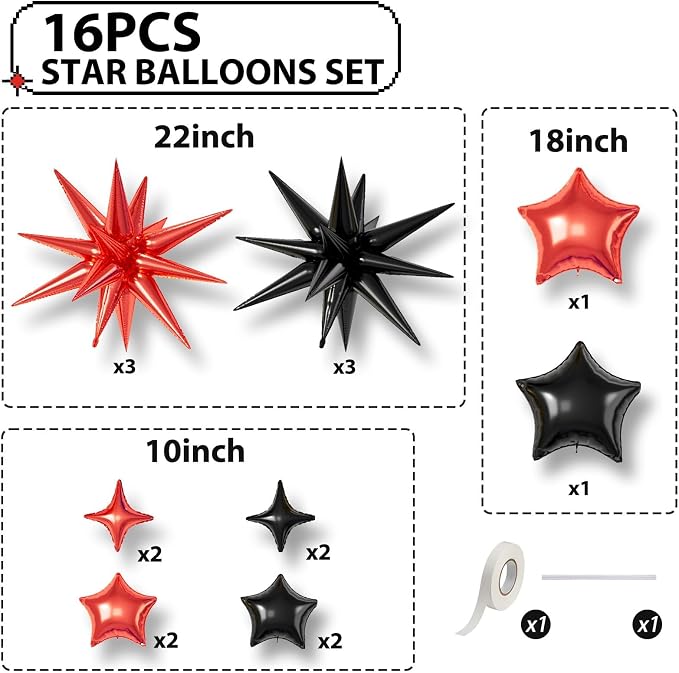Red Black Star Balloons, 22/18/10 Inch Foil Balloons, Explosion Conee - Image 2