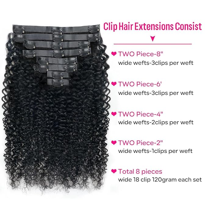 Seamless Curly Clip in Hair Extensions Real Human Hair Brazilian Virgin Human Hair Clip in Extensions 8Pcs Seamless Clip ins for Black Women with 18Clips PU Skin Weft 120g 26inch Natural Black