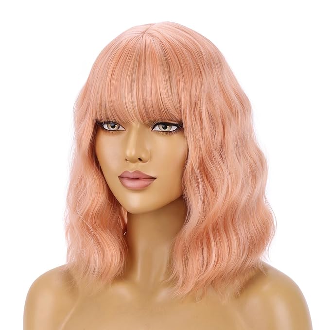 BERON 14 Inches Light Orange Wig Short Curly Wig Women Synthetic Orange Wigs with Bangs Hairnet Included