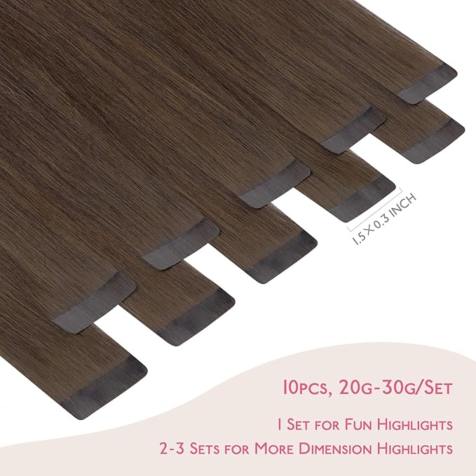 WENNALIFE Tape in Hair Extensions Human Hair Chocolate Brown Tape in Extensions, 10pcs 20g 12 inch Remy Invisible Tape Ins Straight Soft Real Human Hair Tape in Extensions Refill Set Extensions