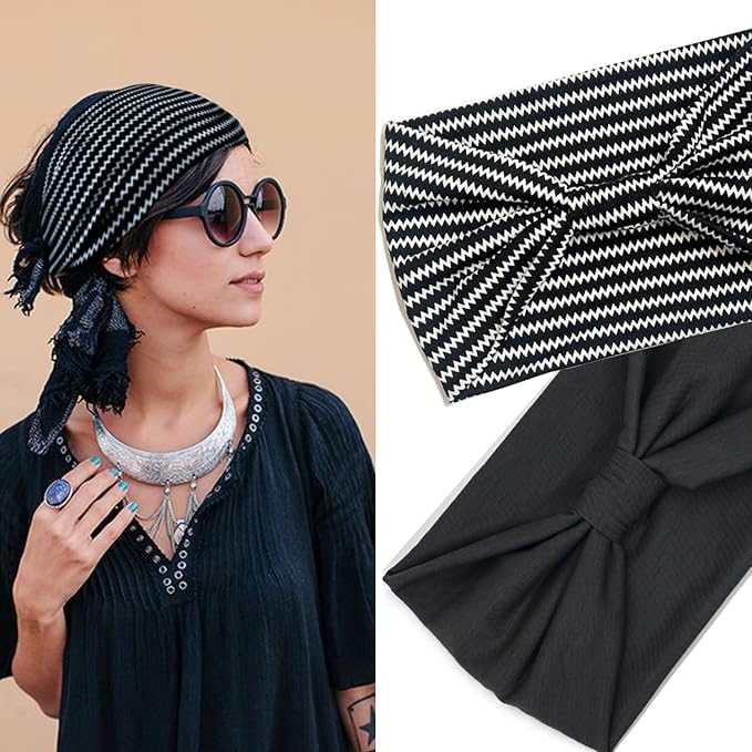 IVARYSS Wide Headbands for Women, Black Knotted Head Wraps Turbans, Large African Style Head Bands Hair Accessories, 6 Pack