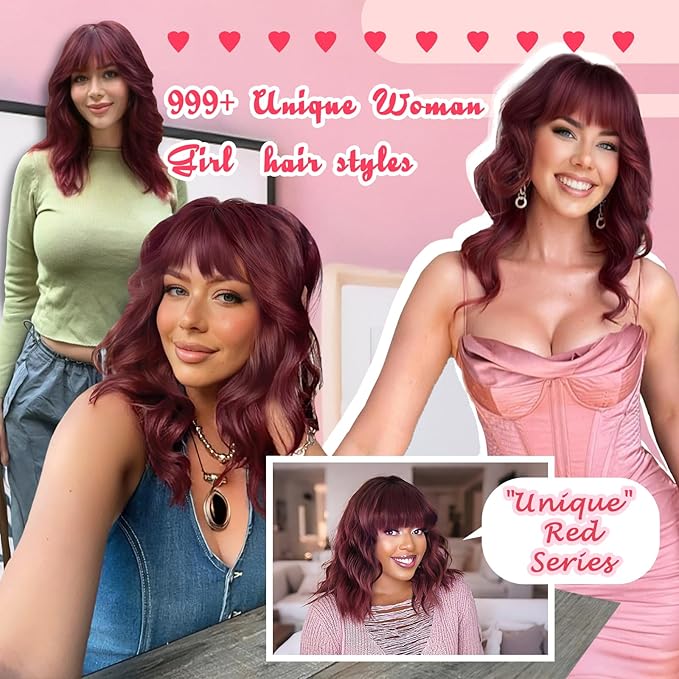 Nnzes Bob Curly Wig Synthetic Short Wine Red Wig with Bangs Natural Looking Heat Resistant Fiber Hair for Women