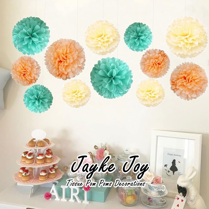 12 Pcs Tissue Paper Pom Poms Mint Peach Beige Mixed Sizes 8" 10" 12" - Image 8