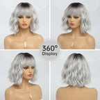 Short Silver Wigs for Women Ombre Grey Wavy Bob Wig with Bangs Medium Length Synthetic Hair Water Wave Dark Roots Wig Gray Colorful Wigs（14 Inches）