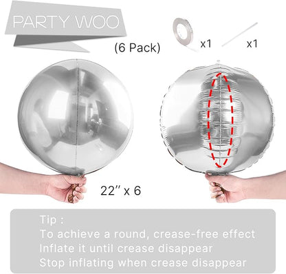 PartyWoo Metallic Silver Large Round Giant Foil 4D Balloons 6pcs 22 Inch | 22 - Image 4
